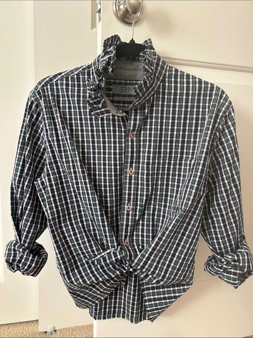 Holden Green, Navy & White Plaid Shirt recreated for a with a ruffled collar